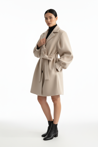 Female model wearing beige belted coat