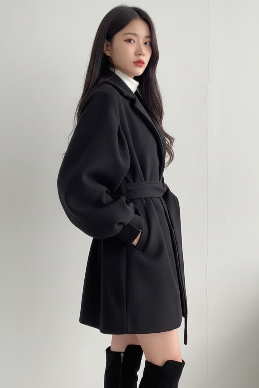 Female model wearing black belted coat - side profile