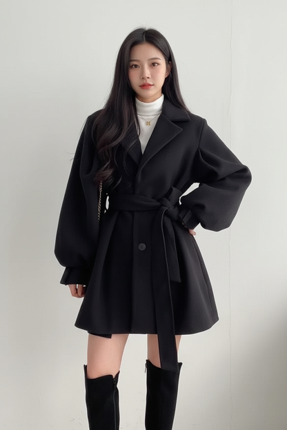 Female model wearing black belted coat