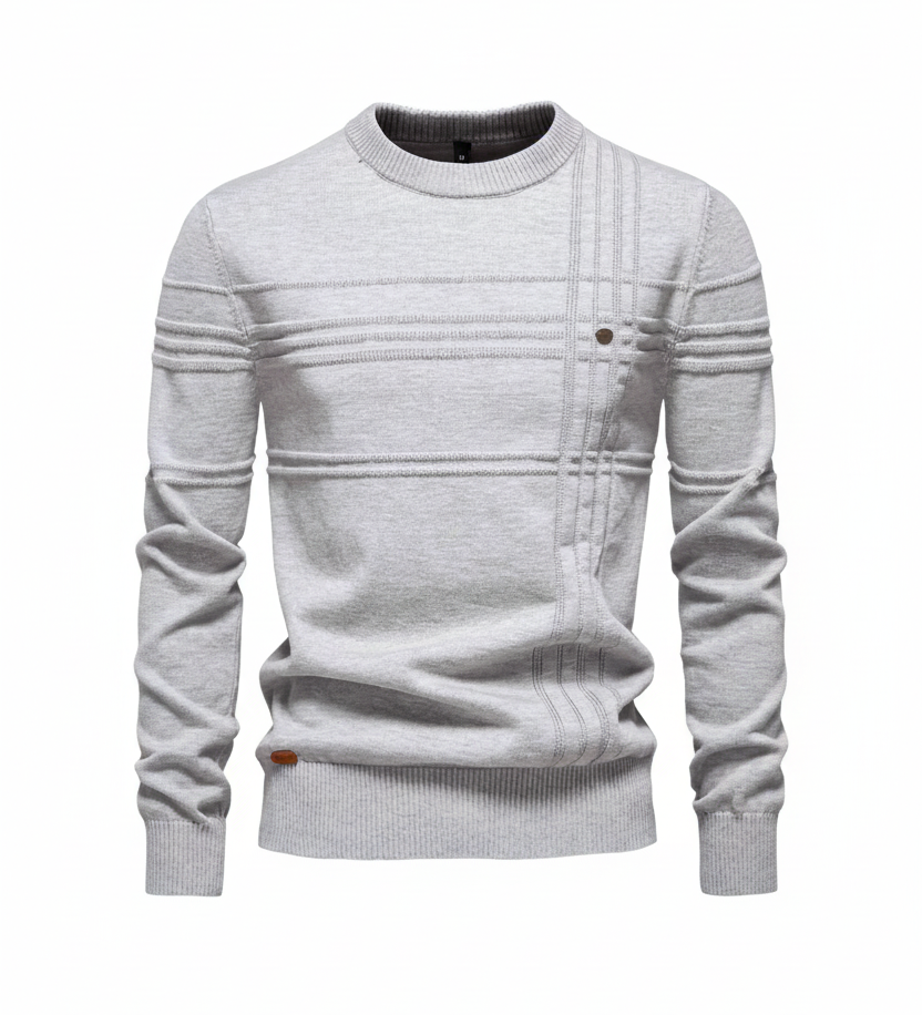 Grey textured sweater product shot