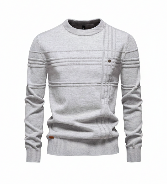 Grey textured sweater product shot