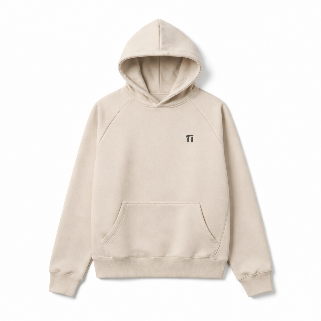 Beige hoodie with a small logo on a white background