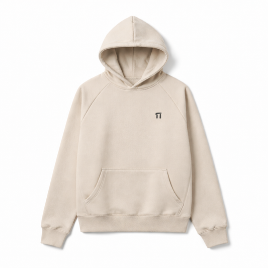 Beige hoodie with a small logo on a white background