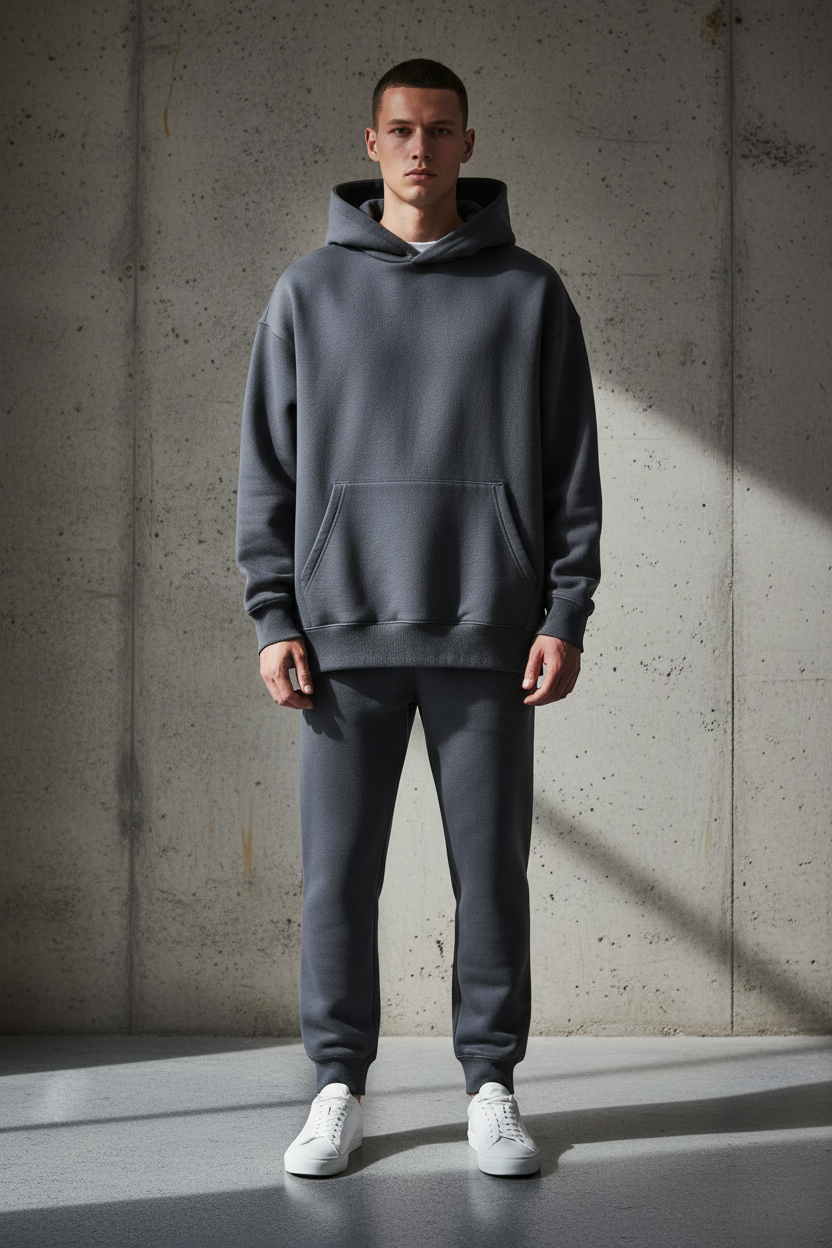 Oversized heavyweight charcoal hoodie front view on model against concrete wall