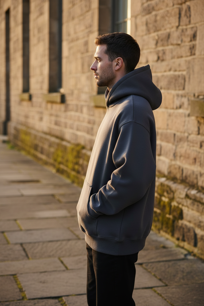 Oversized heavyweight charcoal hoodie side profile on model outdoors at golden hour