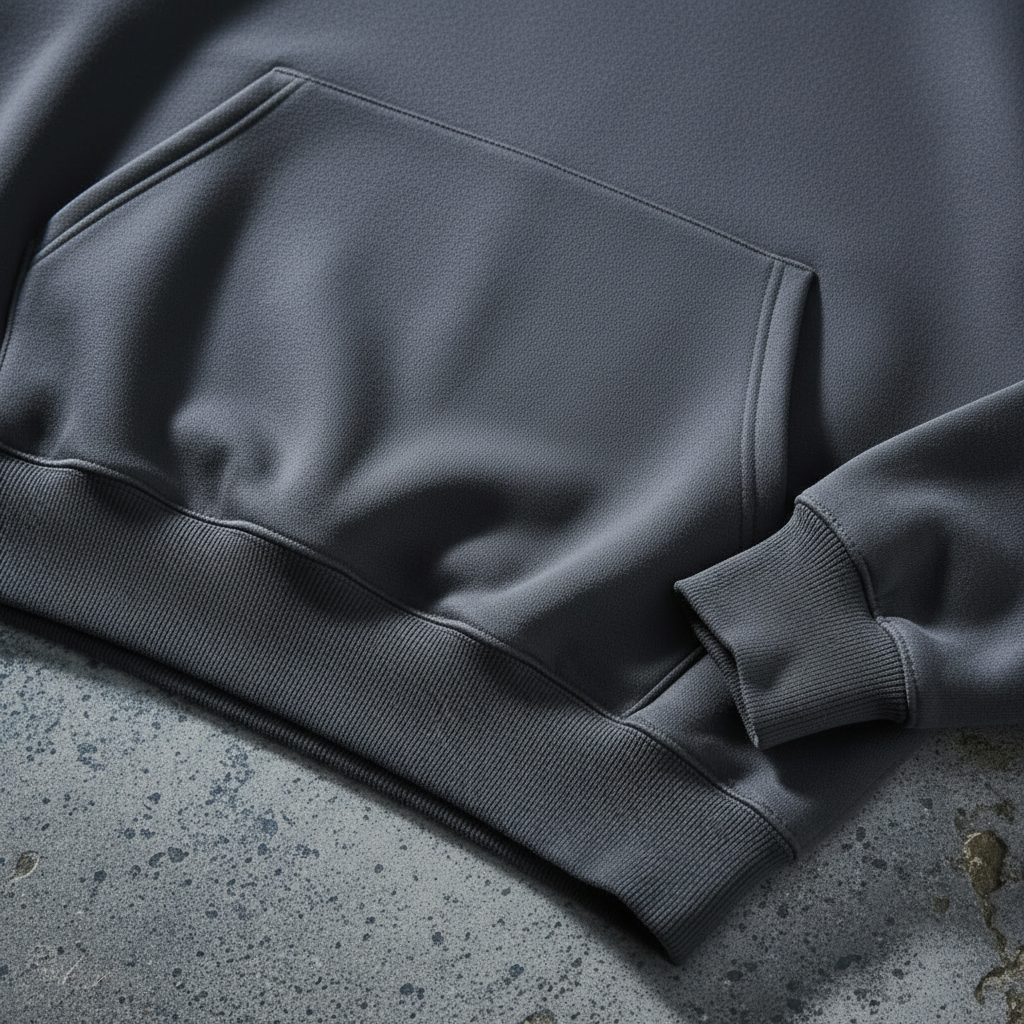 Close-up of ribbed cuff and kangaroo pocket on charcoal heavyweight hoodie