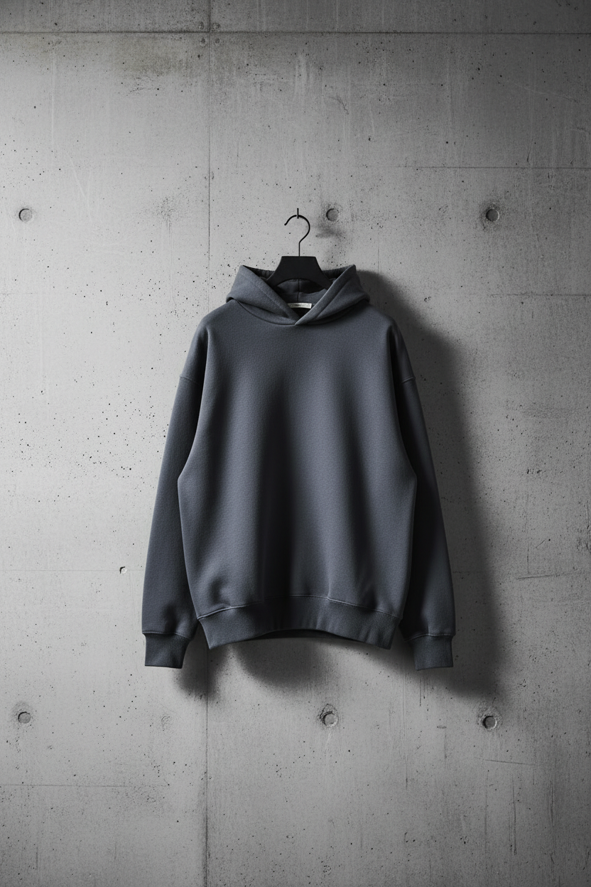 Oversized heavyweight charcoal hoodie hanging on concrete wall