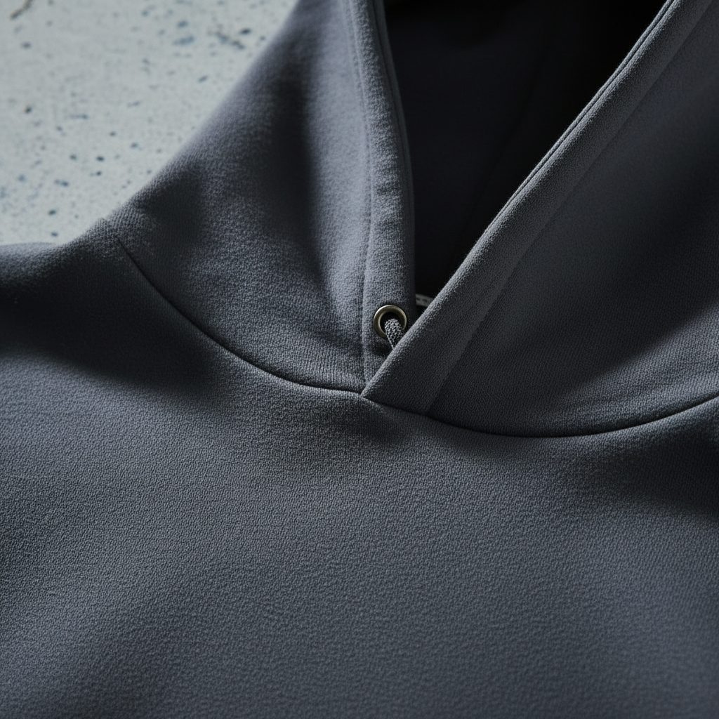 Close-up macro of hood and drawstring detail on charcoal heavyweight hoodie