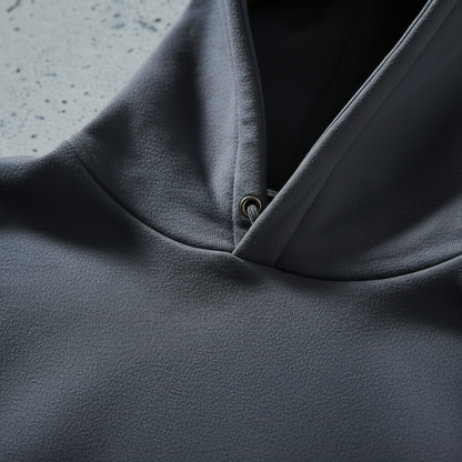 Close-up macro of hood and drawstring detail on charcoal heavyweight hoodie