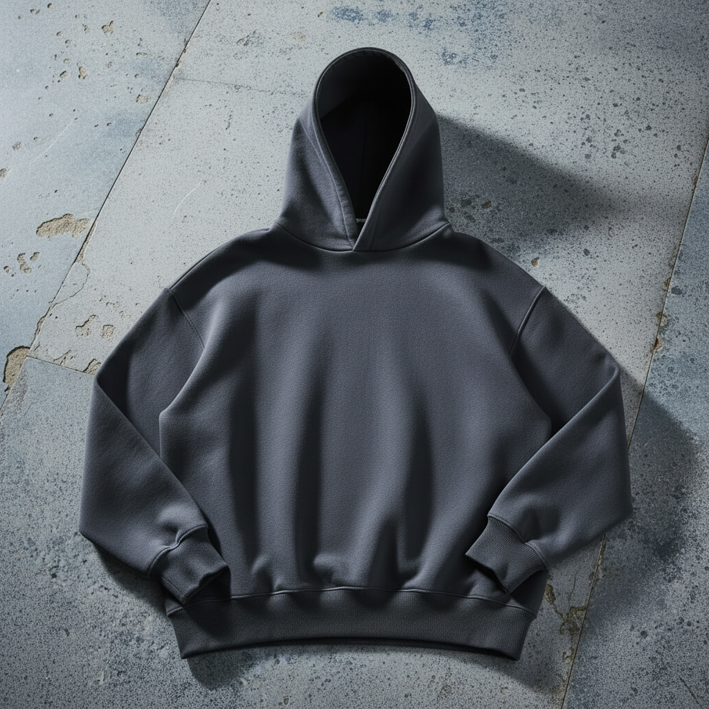 Oversized heavyweight charcoal hoodie flat lay on slate stone surface