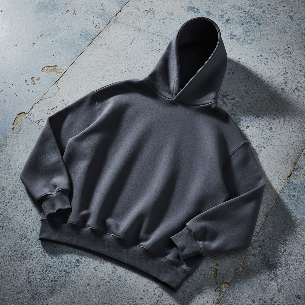 Oversized heavyweight hoodie in charcoal grey laid flat on a stone surface