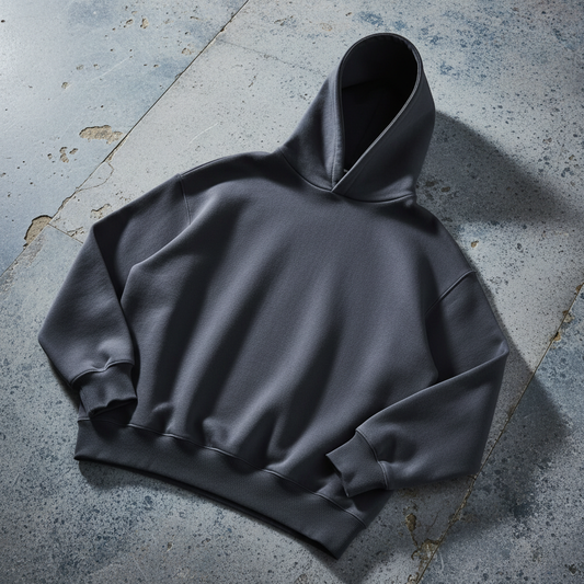 Oversized heavyweight hoodie in charcoal grey laid flat on a stone surface