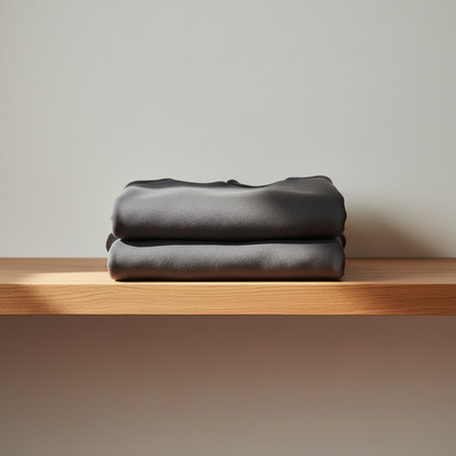 Oversized heavyweight charcoal hoodie folded neatly on oak wooden shelf
