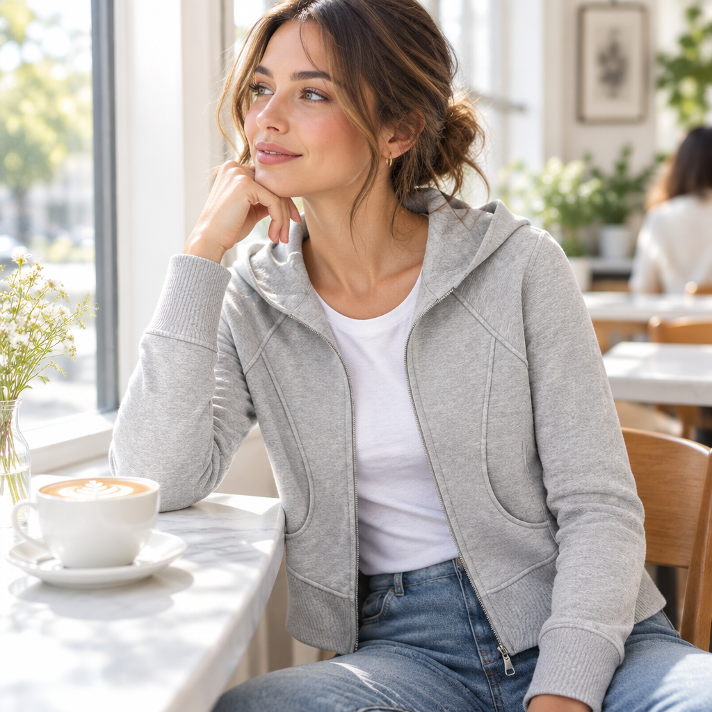 Light Gray hoodie, café window