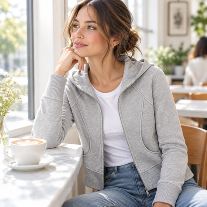 Light Gray hoodie, café window