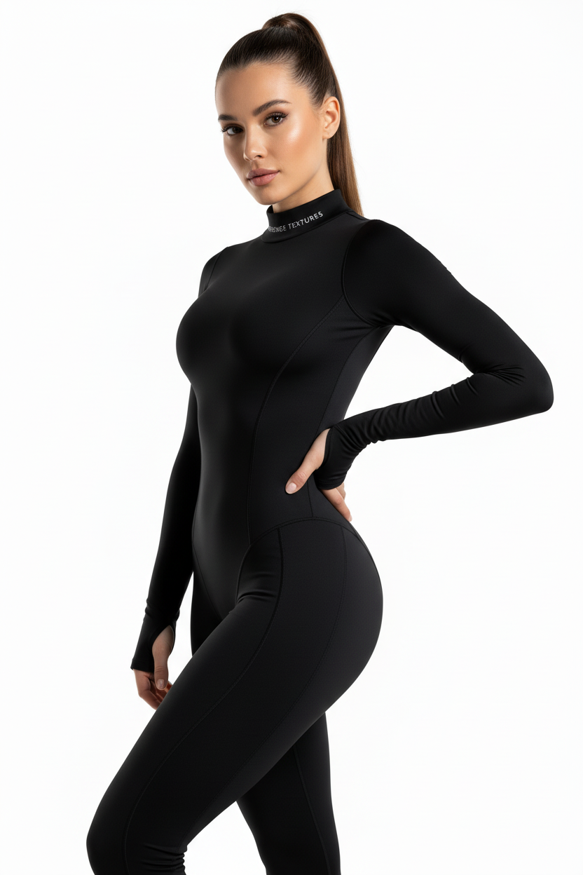 Model wearing black performance bodysuit front