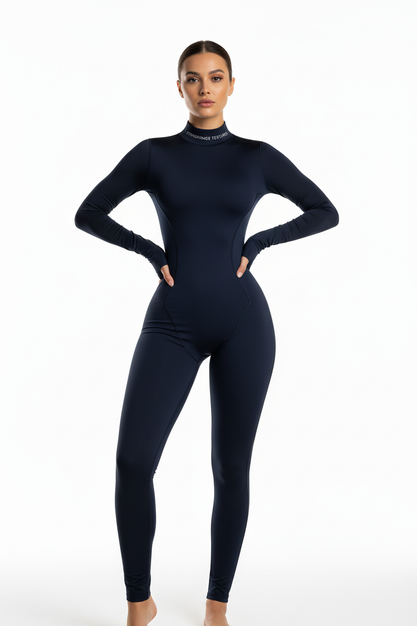 Model wearing navy performance bodysuit