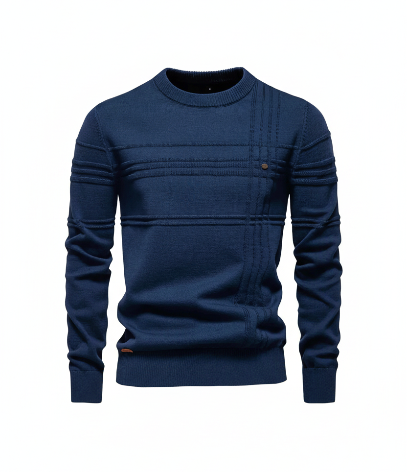 Navy blue textured sweater product shot