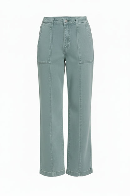 Light blue jeans worn by a person on a white background