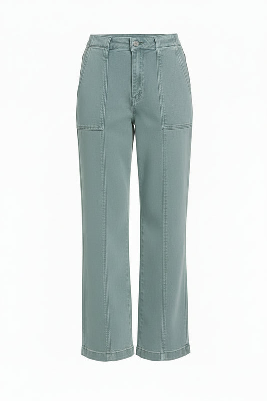 Light blue jeans worn by a person on a white background