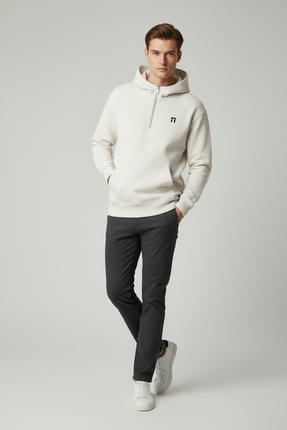 Same British model in new pose wearing white Stonehenge hoodie