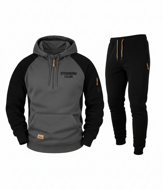 Stonehenge Texture Men’s Fleece Tracksuit - Tech Fleece Hoodie and Joggers Set in Grey & Black